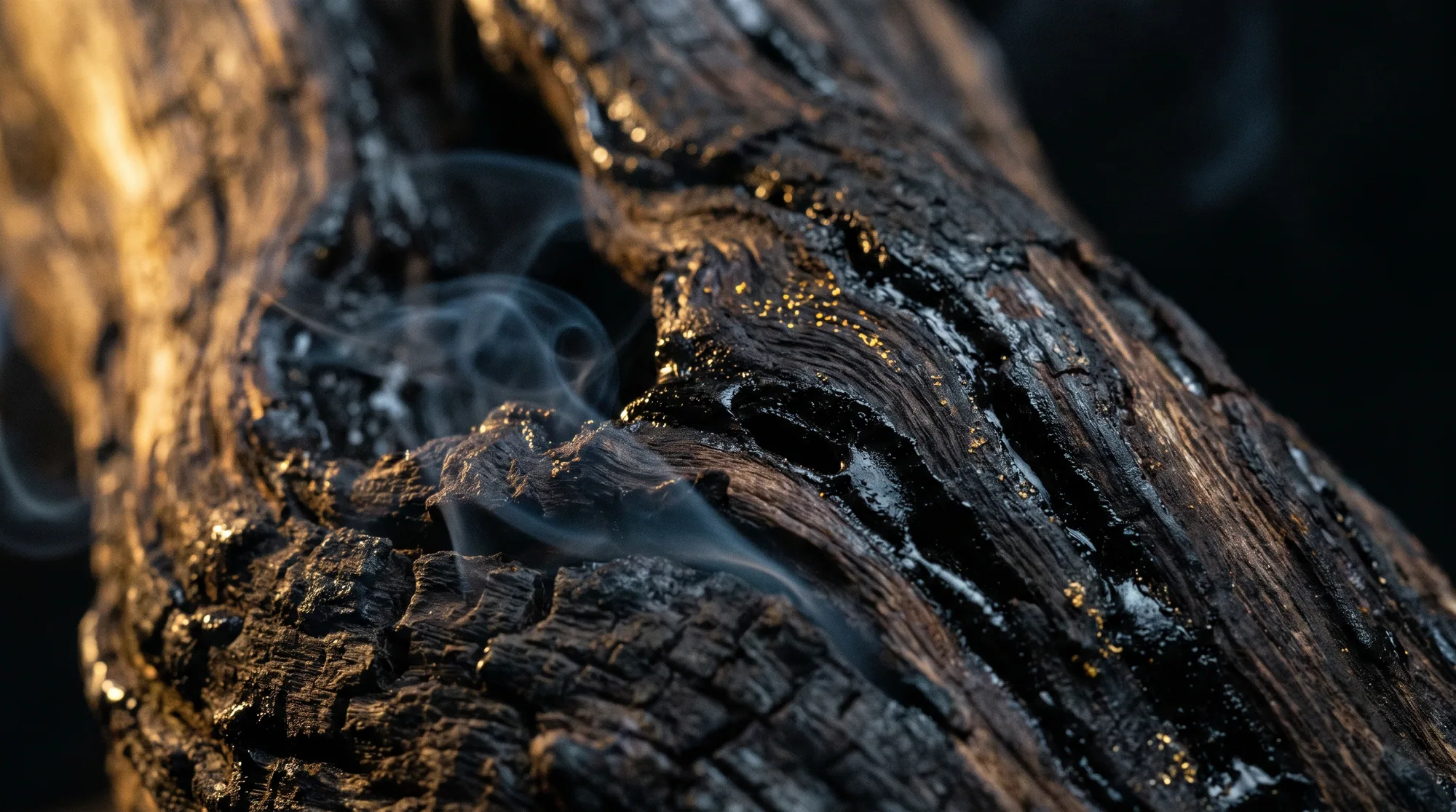 Dense resinous agarwood in macro, veined with gold and still smoking.