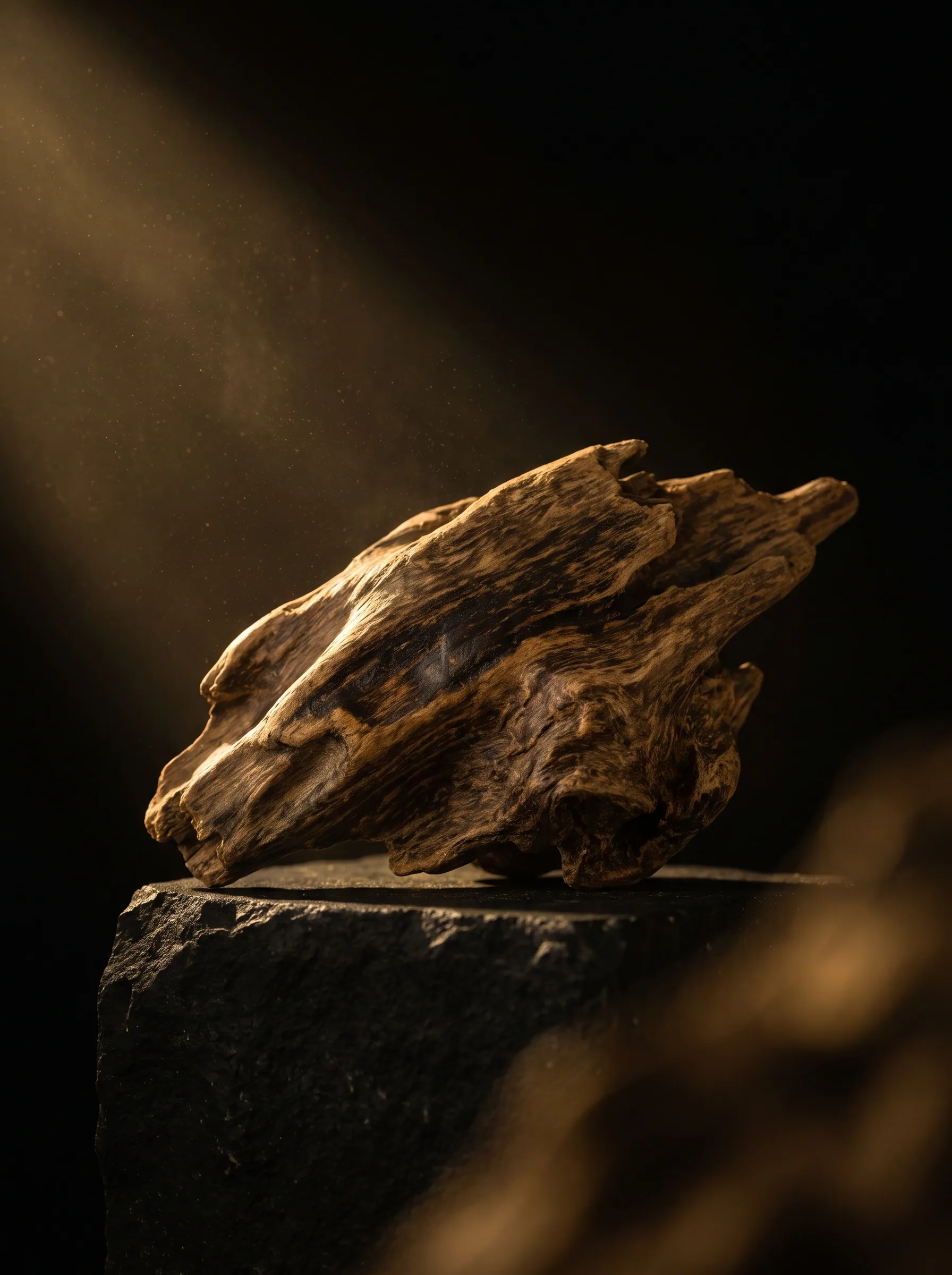 A single monumental piece of rare agarwood, lit by one warm shaft in darkness.