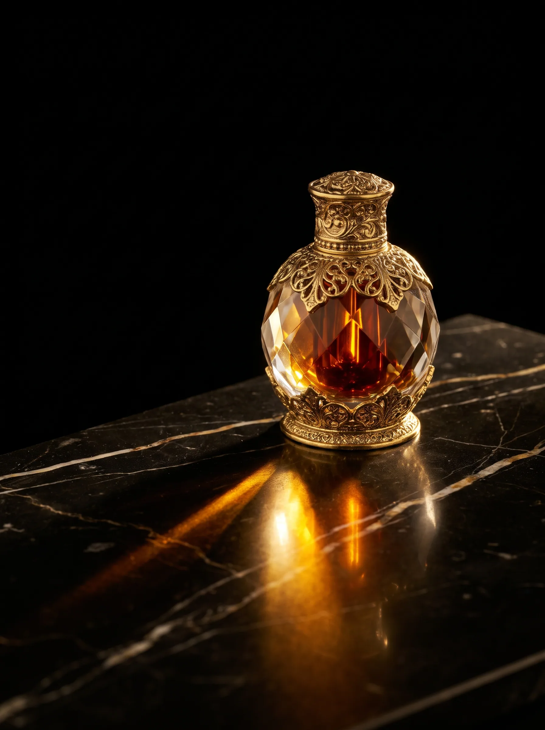 An ornate crystal and gold dipper bottle of dark amber oud oil on black marble.