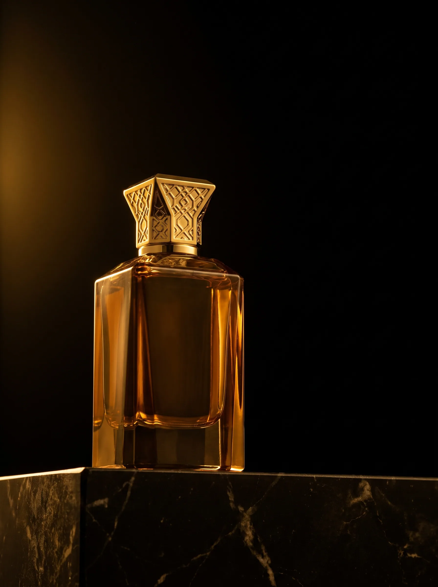 An elegant faceted glass Arabian perfume flacon with a gold cap on black marble.