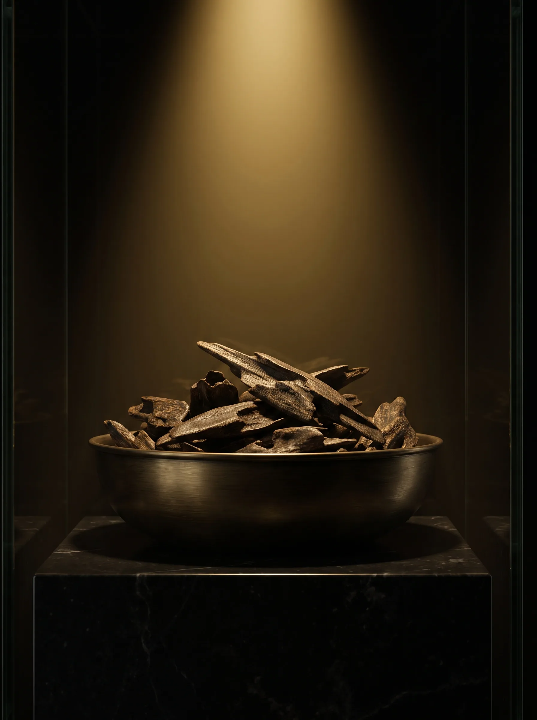 Premium raw oud wood chips arranged in a shallow brass dish on black marble.