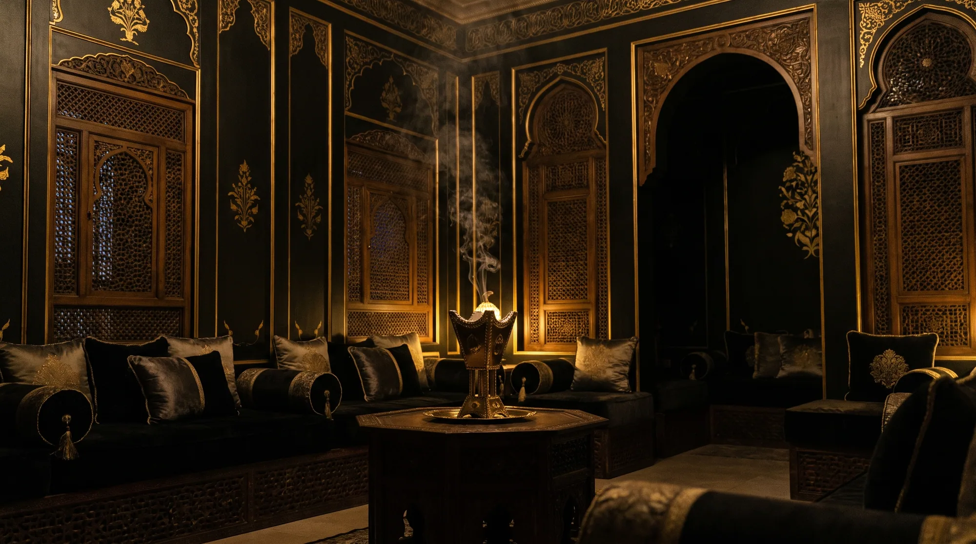 A private majlis in deep green and gold, a mabkhara burning on the centre table.